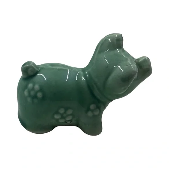 Antique Handmade Painted Ceramic Green Pig Farm Animal Figurine 3” - Picture 3 of 8